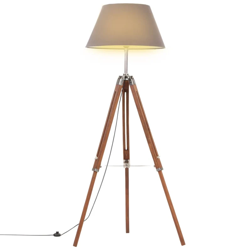 Lampada a Piantana Treppiede Marrone e Grigio in Legno di Teak Altezza 141 cm