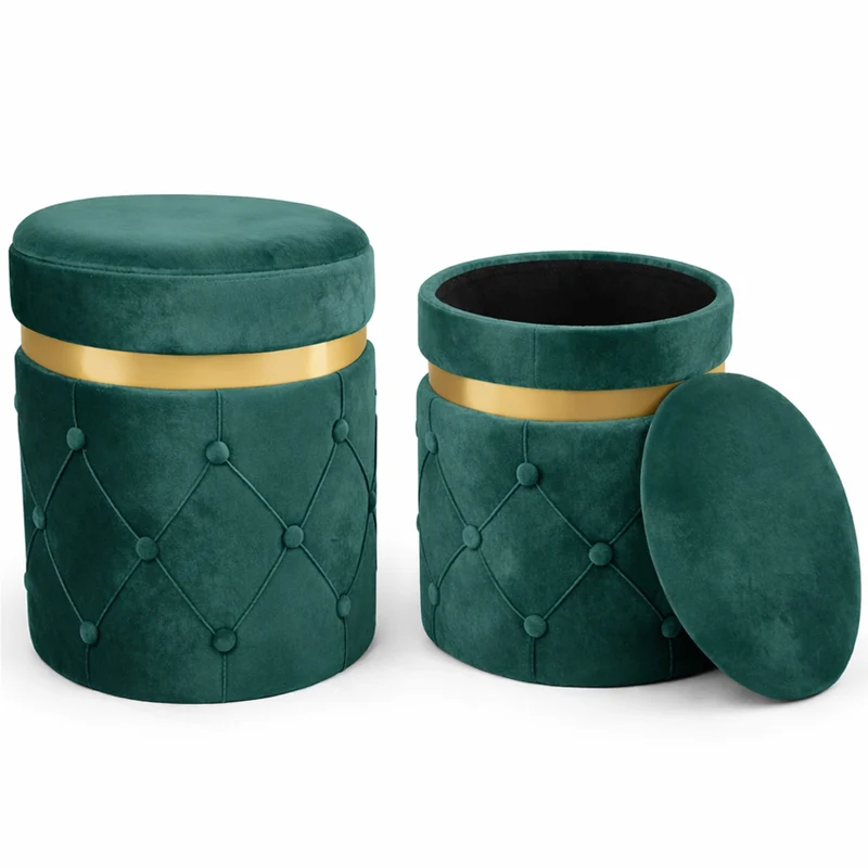 Set 2 Pouf Contenitori Verde in Velluto con Design Trapuntato 38x44cm 31x38cm