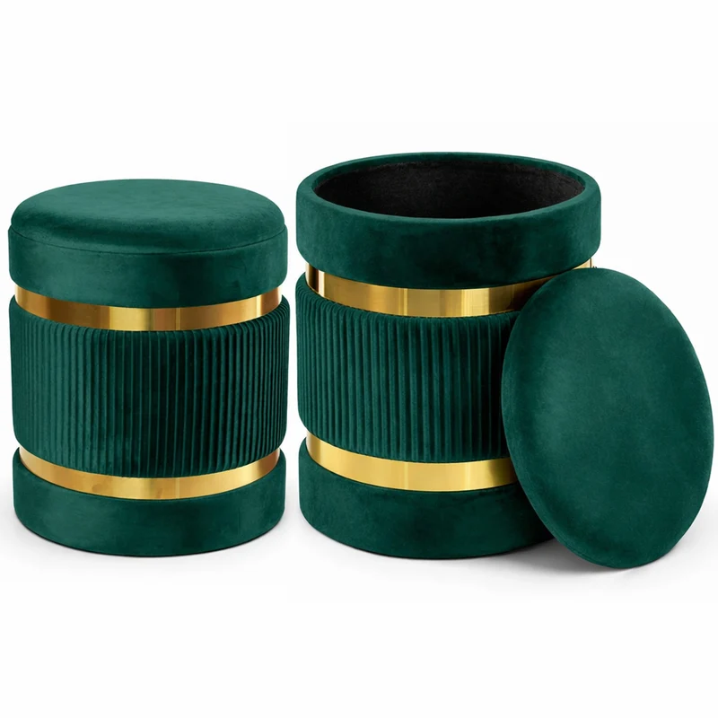 Set 2 Pouf Contenitore Verde con Rivestimento Velluto Morbido Sgabelli Moderni