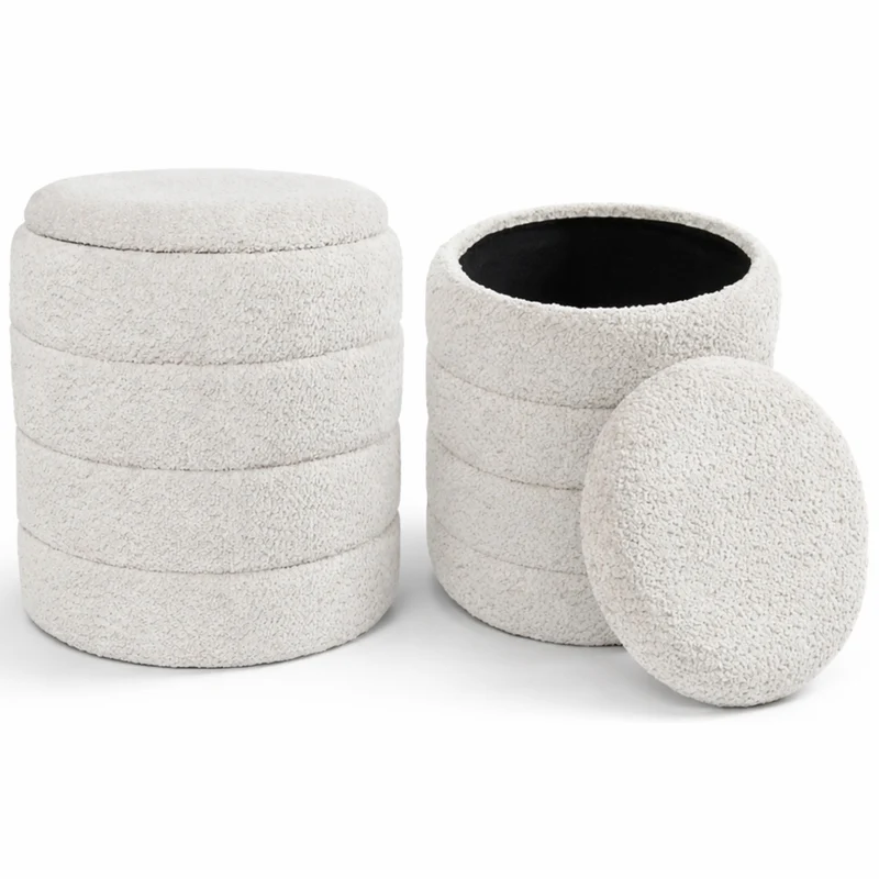 Set 2 Pouf Contenitori Rivestimento Bounclè Bianco Seduta Imbottita Ergonomica