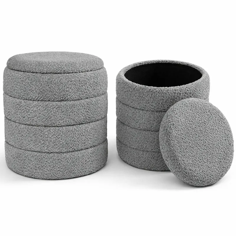 Set 2 Pouf Contenitori Rivestimento Bounclè Grigio Seduta Imbottita Ergonomica