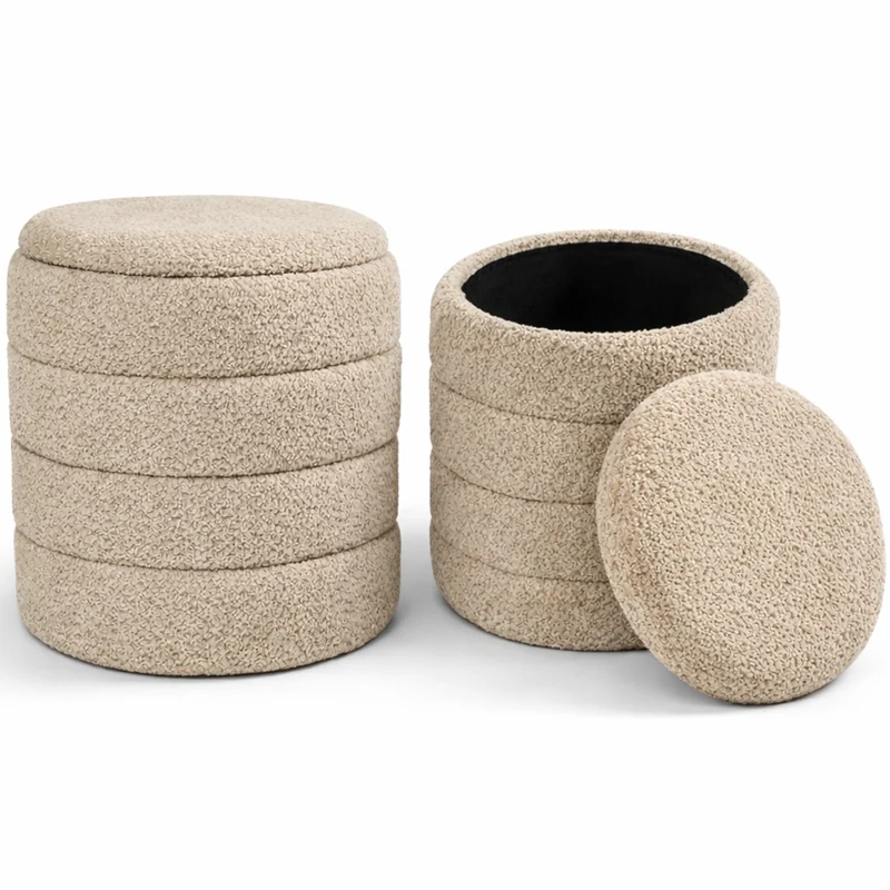 Set 2 Pouf Contenitori Rivestimento Bounclè Beige Seduta Imbottita Ergonomica