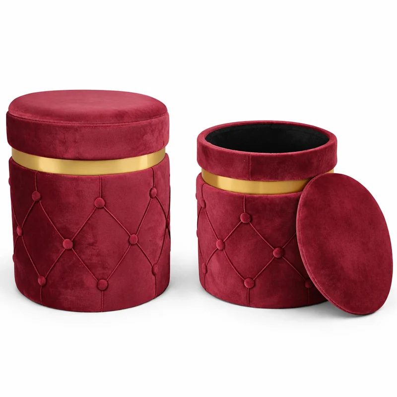 Set 2 Pouf Contenitori Bordeaux in Velluto con Design Trapuntato 38x44cm 31x38cm