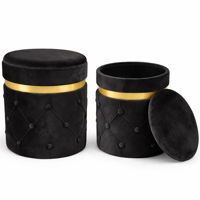 Set 2 Pouf Contenitori Nero in Velluto con Design Trapuntato 38x44cm 31x38cm