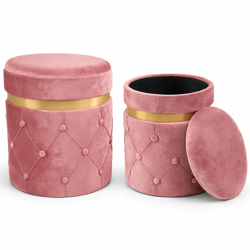 Set 2 Pouf Contenitori Rosa in Velluto con Design Trapuntato 38x44cm 31x38cm