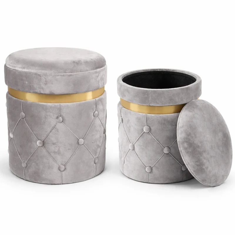 Set 2 Pouf Contenitori Grigio in Velluto con Design Trapuntato 38x44cm 31x38cm