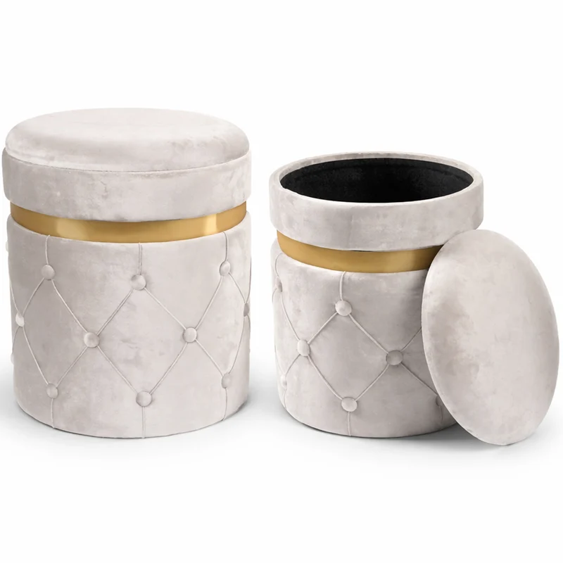 Set 2 Pouf Contenitori Avorio in Velluto con Design Trapuntato 38x44cm 31x38cm
