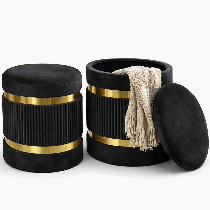 Set 2 Pouf Contenitore Nero con Rivestimento Velluto Morbido Sgabelli Moderni