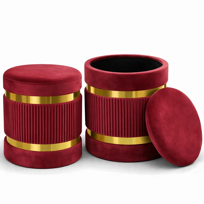 Set 2 Pouf Contenitore Bordeaux con Rivestimento Velluto Morbido Sgabelli Moderni