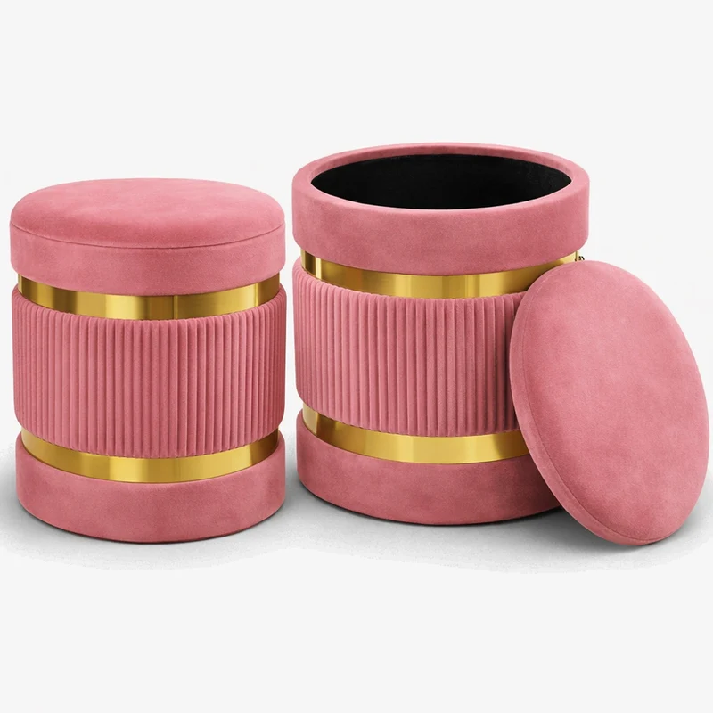 Set 2 Pouf Contenitore Rosa con Rivestimento Velluto Morbido Sgabelli Moderni