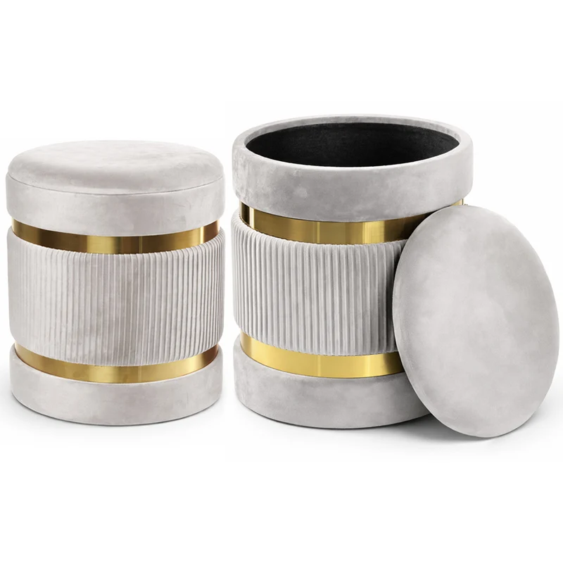 Set 2 Pouf Contenitore Avorio con Rivestimento Velluto Morbido Sgabelli Moderni