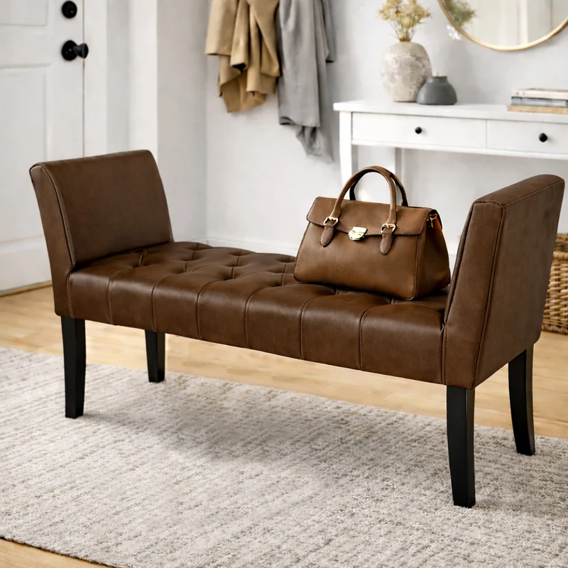 Panca Marrone con Piedi in Legno Rivestimento Ecopelle Camera da Letto Ingresso