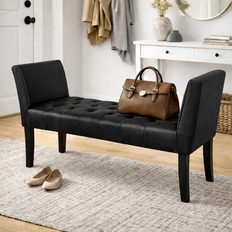 Panca Nero con Piedi in Legno e Rivestimento Ecopelle Camera da Letto Ingresso