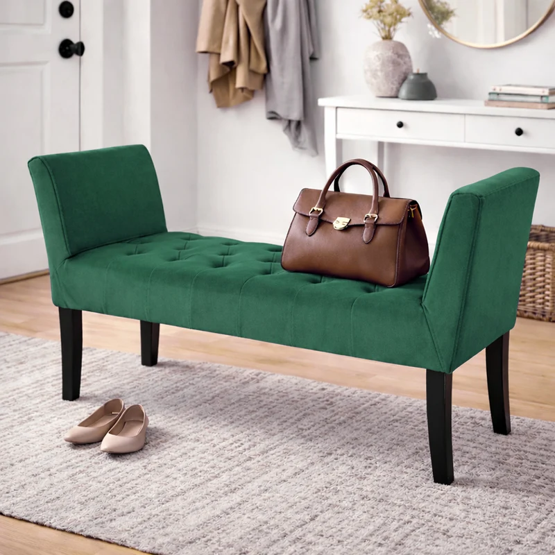 Panca Verde con Piedi in Legno e Rivestimento Velluto Camera da Letto Ingresso