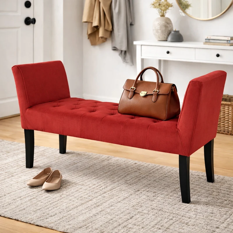 Panca Bordeaux con Piedi Legno e Rivestimento Velluto Camera da Letto Ingresso
