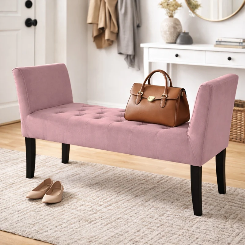 Panca Rosa con Piedi in Legno e Rivestimento Velluto Camera da Letto Ingresso