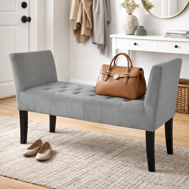Panca Grigio con Piedi in Legno e Rivestimento Velluto Camera da Letto Ingresso