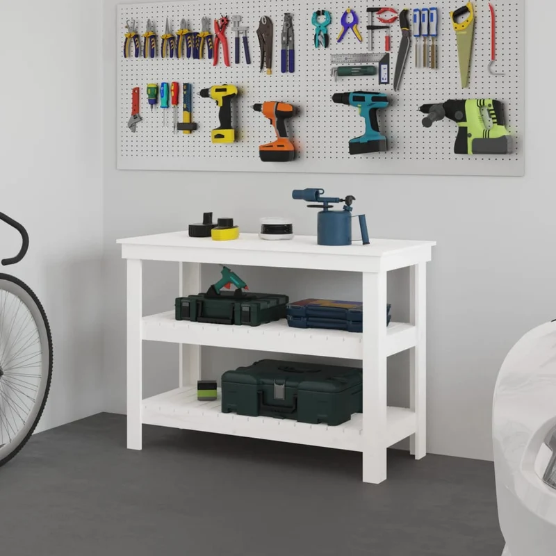 Banco da Lavoro Bianco Legno Massello Pino 110,5x50x80 cm per Garage Officina