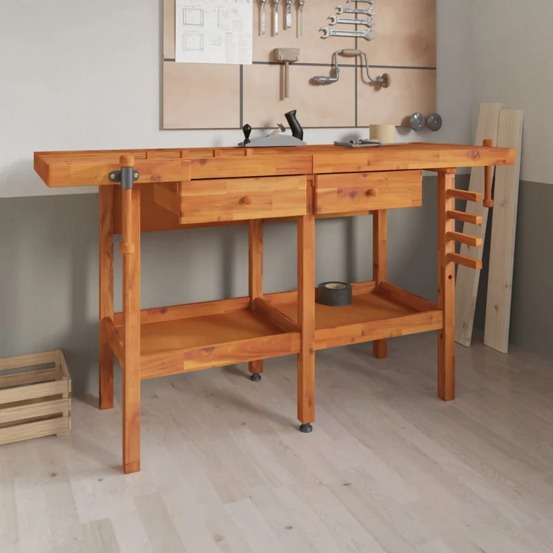 Banco Lavoro Legno Massello Acacia Cassetti e Morse 162x62x83 cm Officina