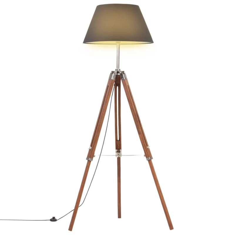 Lampada Con Base a Treppiede Marrone e Nero in Legno Massello di Teak 141 cm