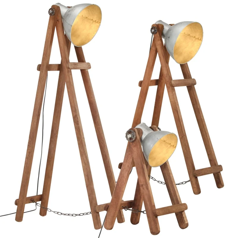 Lampade da Pavimento Set 3 pz Argento e in Massello di Mango Attacco E27