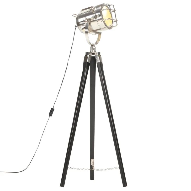 Lampada a Treppiede da Pavimento Nera in Legno di Mango Altezza 97cm Attacco E27