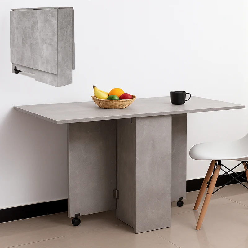 Tavolo da Pranzo Salvaspazio Scrivania Pieghevole con Ruote Cemento 140x75x74cm