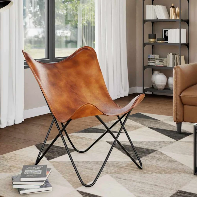 Sedia a Farfalla Marrone in Vera Pelle 74 x 66 x 90 cm