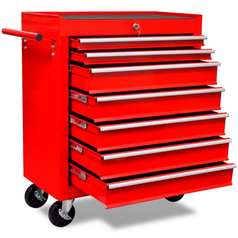 Carrello Portautensili 7 Cassetti in Acciaio Rosso con Ruote e Chiusura
