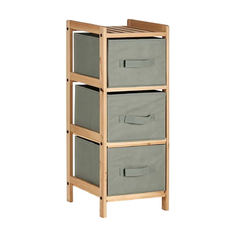 Cassettiera 3 Cassetti Mobile in Legno Naturale e Stoffa H 70cm Grigio