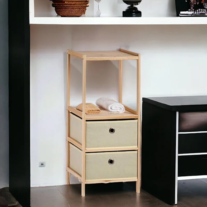Scaffale con 2 Cassetti in Legno e Tela Mobile Bagno 32x26x72,5cm Colore Beige