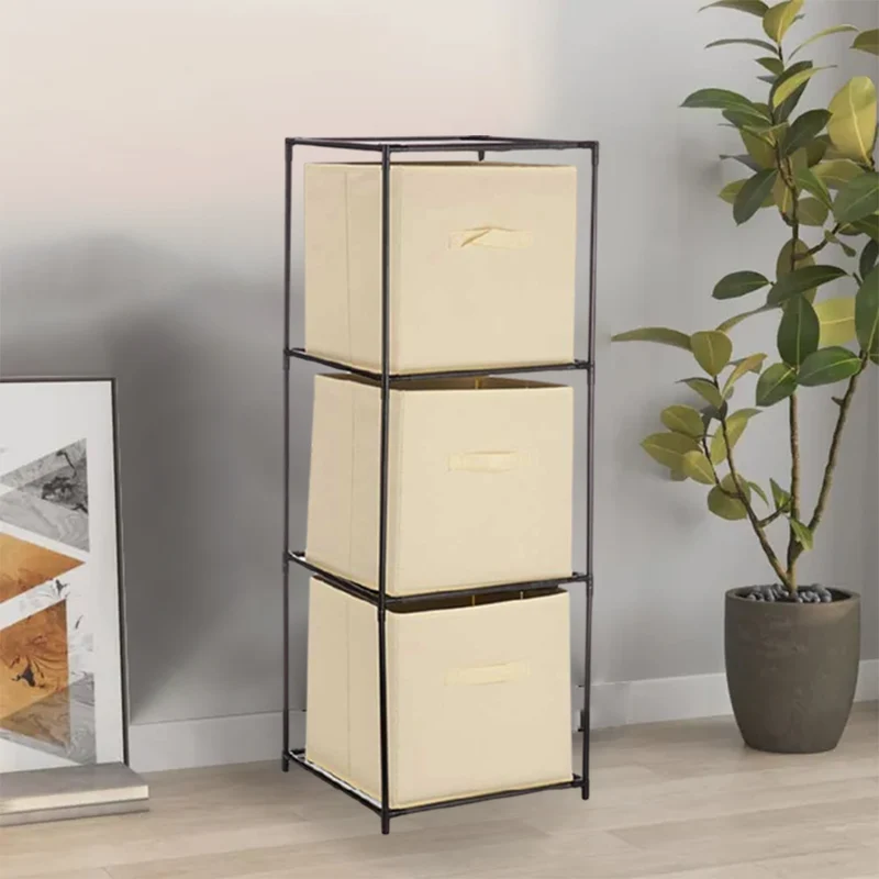 Cassettiera Multiuso 3 Cassetti Metallo e Stoffa 35x35x102cm Beige Salvaspazio