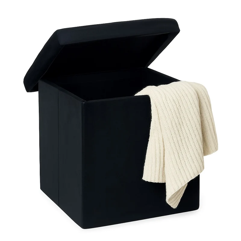 Pouf Pieghevole in Velluto Nero 38x38x38 cm Salvaspazio con Coperchio Design Moderno