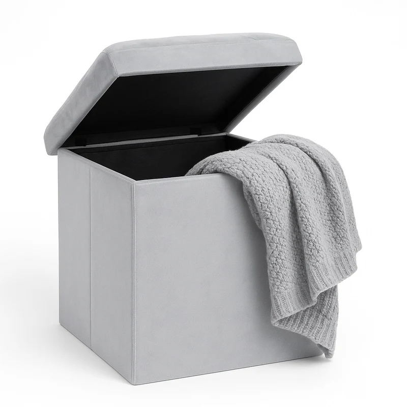 Pouf Pieghevole in Velluto Grigio 38x38x38 cm Salvaspazio con Coperchio Design Moderno