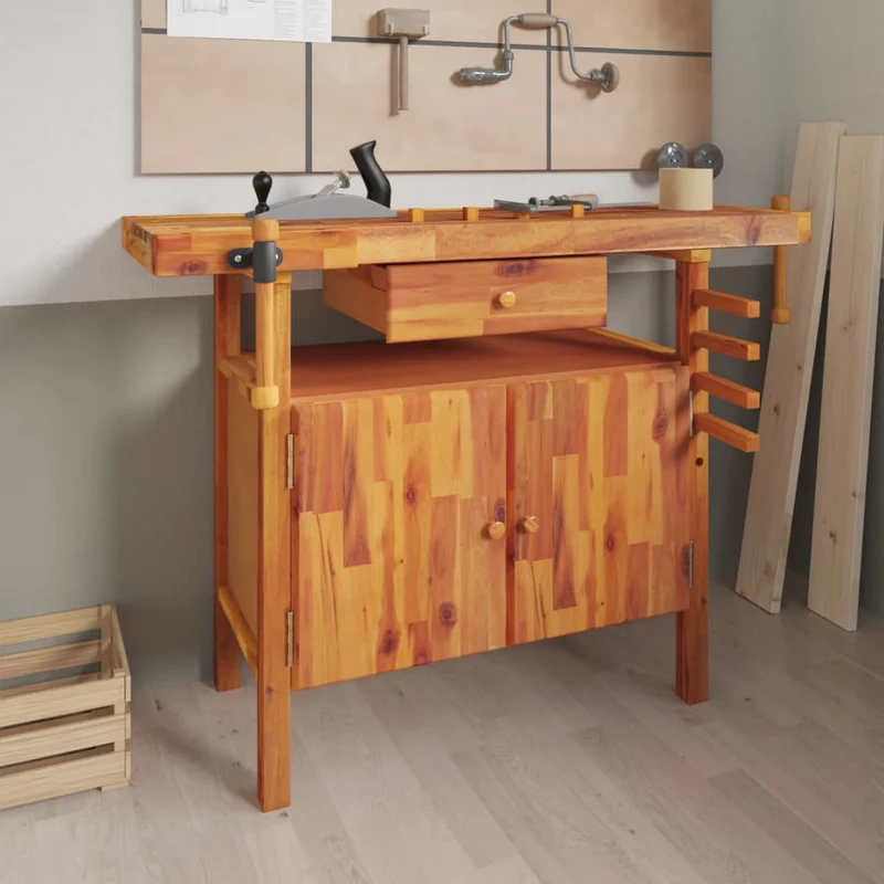 Banco da Lavoro Legno Massello Acacia Cassetto e Morse 124x52x83cm Garage Lavoro