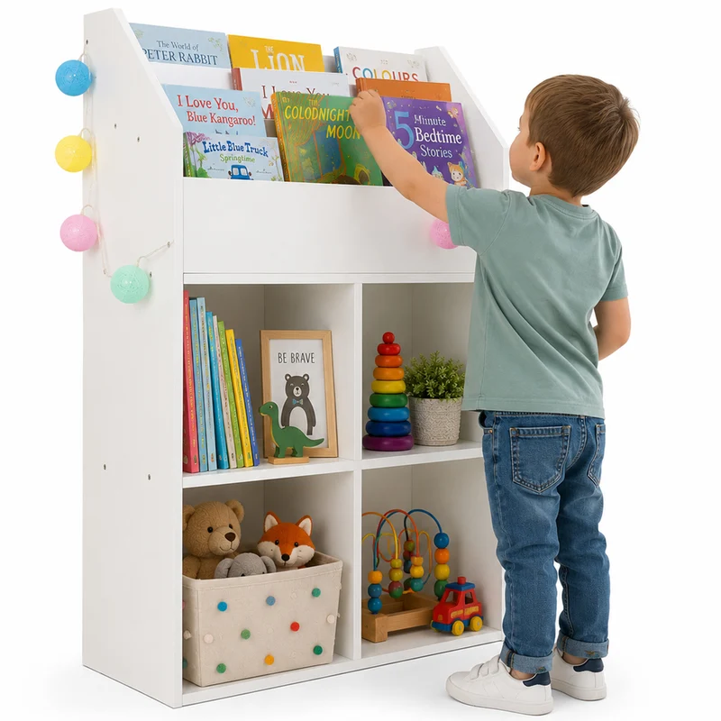 Libreria Cameretta Bambini Legno Scaffale 5 Ripiani Porta Giocattoli Libri Bianco