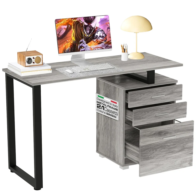 Scrivania con Cassettiera Tavolo Porta Pc Computer Acciaio Legno Ufficio Grigio