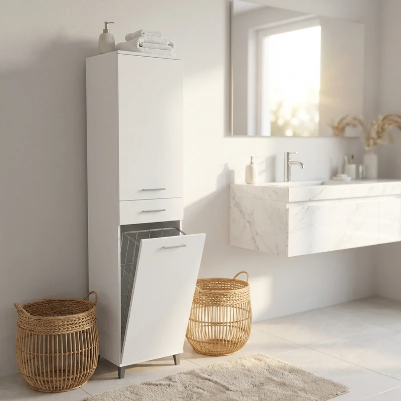Armadietto da Bagno con portabiancheria in Legno Composito cm 45x40x190 - INGRAM