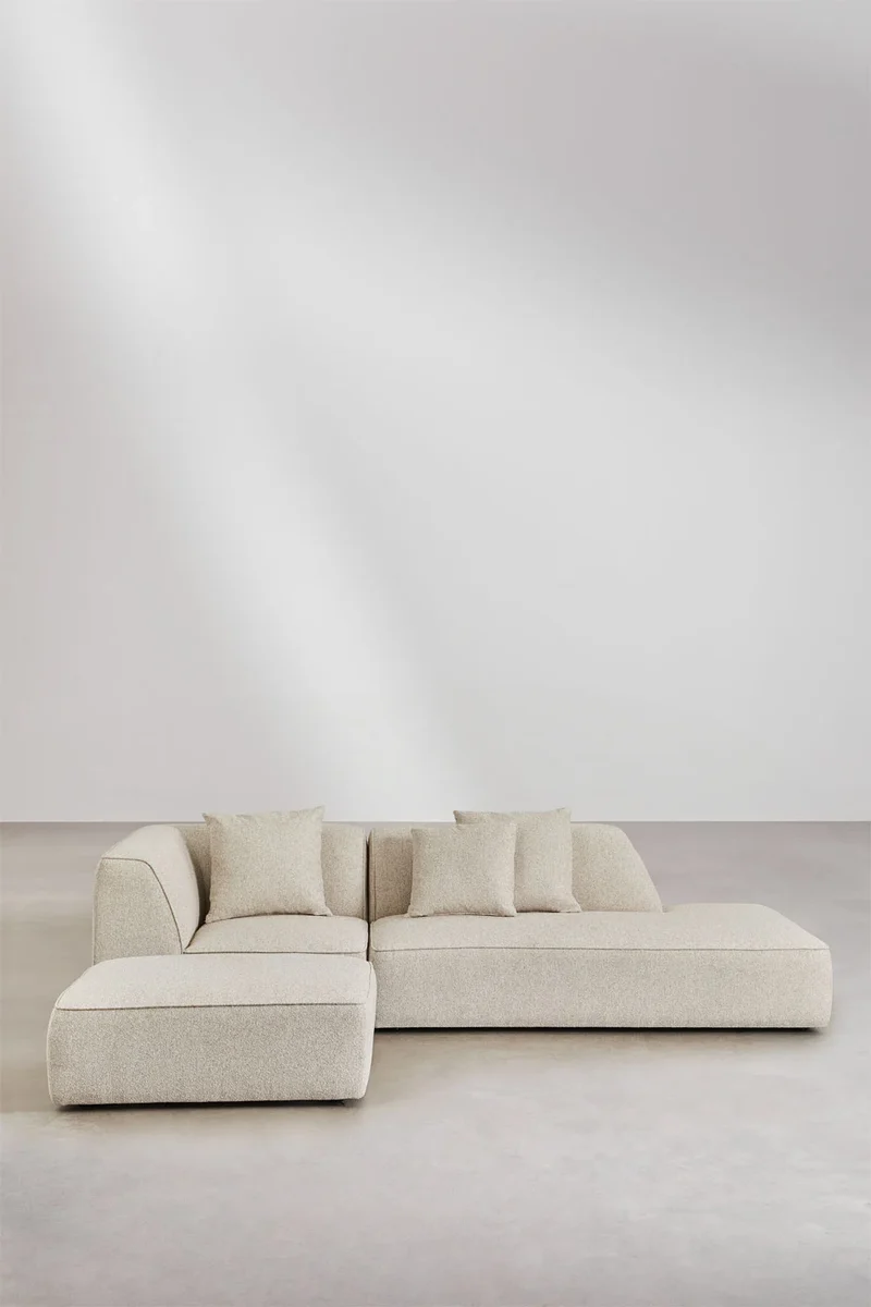 Divano angolare componibile Cardea 2 pezzi con chaise longue destra o sinistra e pouf imbottito - Sfoderabile Bouclè beige Crema