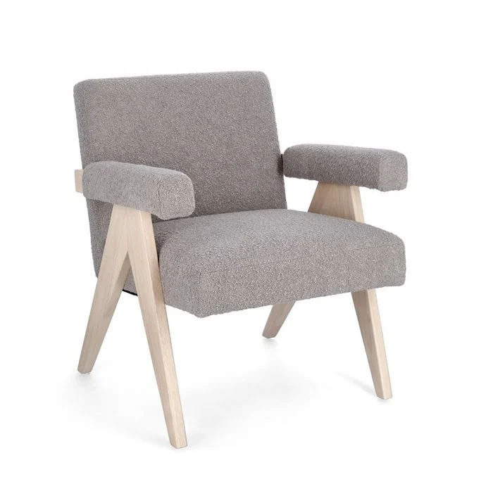 Poltroncina pranzo Pierre Jeanneret bouclè grigio tortora