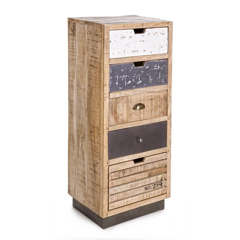Cassettiera Alta 5 Cassetti in Legno Mango Stile Vintage - THEODORE
