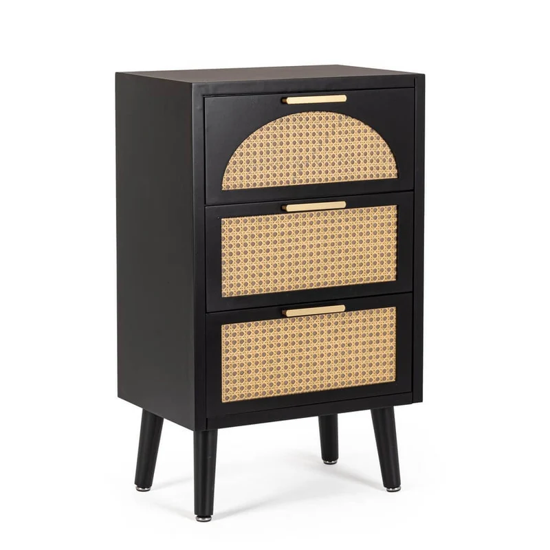 Cassettiera 3 Cassetti in MDF con Inserti in Rattan e Gambe in Legno - JOSIE