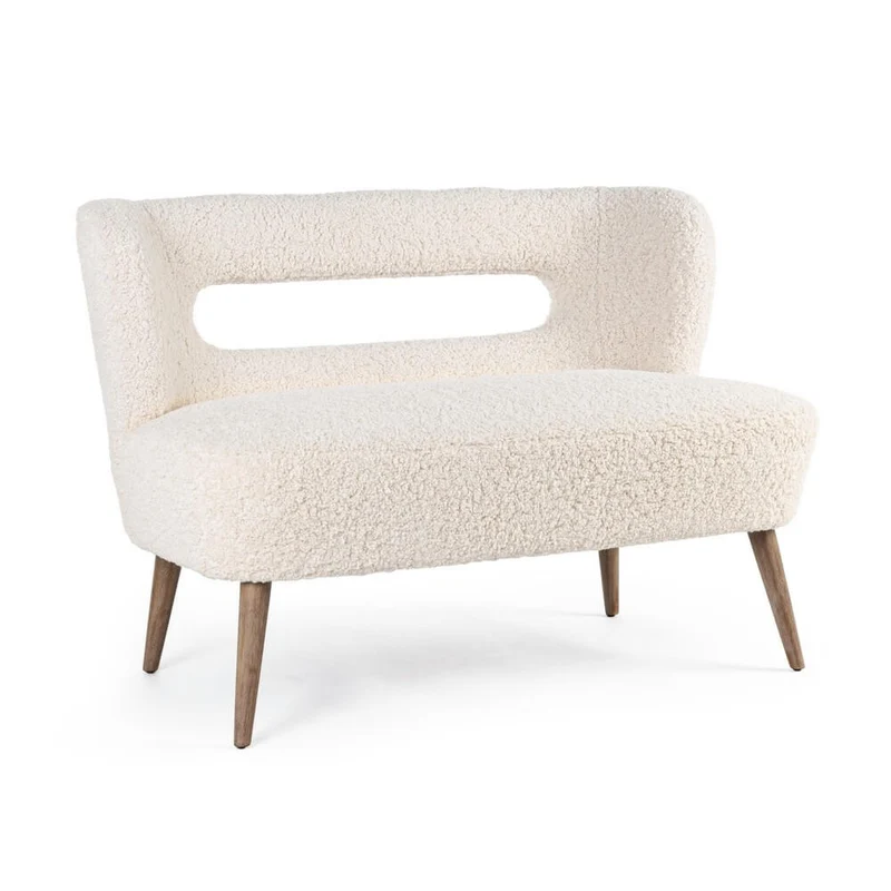 Divano 2 Posti in Tessuto Bouclé Bianco con Gambe in Legno - CARMEN