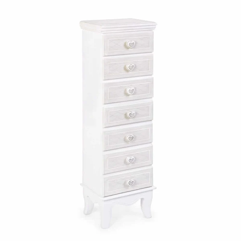 Cassettiera Alta 7 Cassetti in MDF Bianco Stile Romantico - ADELINE