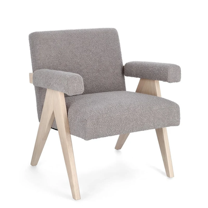 Poltrona con Braccioli in Tessuto Bouclé e Gambe in Legno - YVONNE