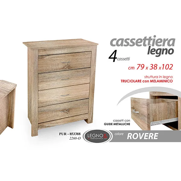 Cassettiera Legno 4 Cassetti Rovere 79x38x102 Cm