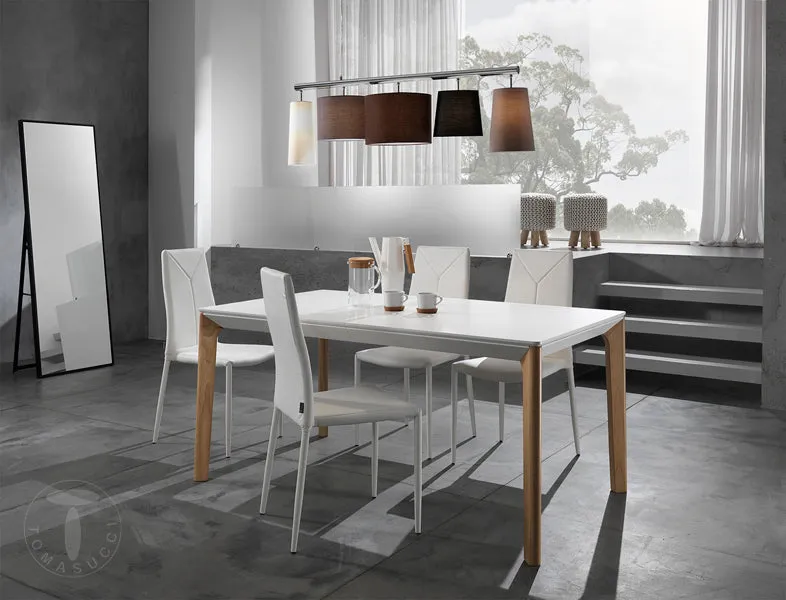 Tavolo da pranzo allungabile bicolore moderno con piano bianco e gambe rovere cm 160/240