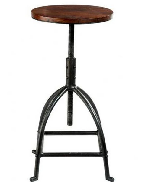 Sgabello tondo industrial in legno e ferro altezza regolabile cm 45x45x50/80h