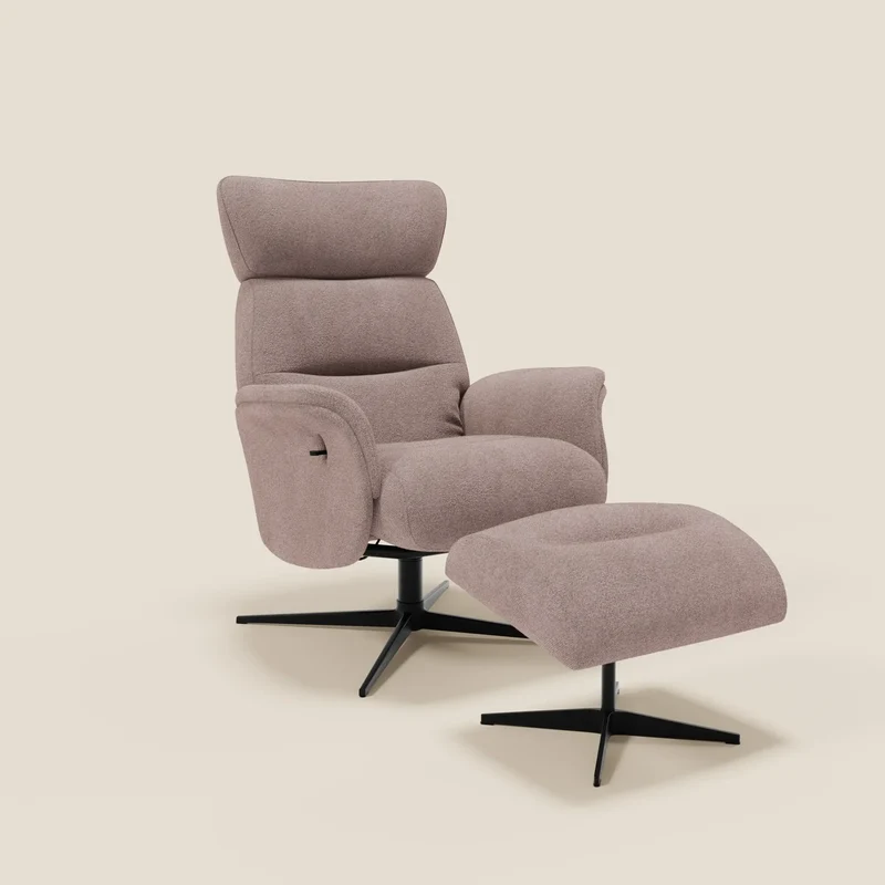 Lunor Poltrona relax reclinabile con pouf poggia-piedi in tessuto bouclé impermeabile T07 rosa