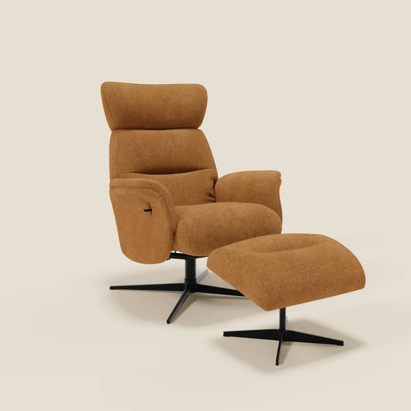 Lunor Poltrona relax reclinabile con pouf poggia-piedi in tessuto bouclé impermeabile T07 arancione